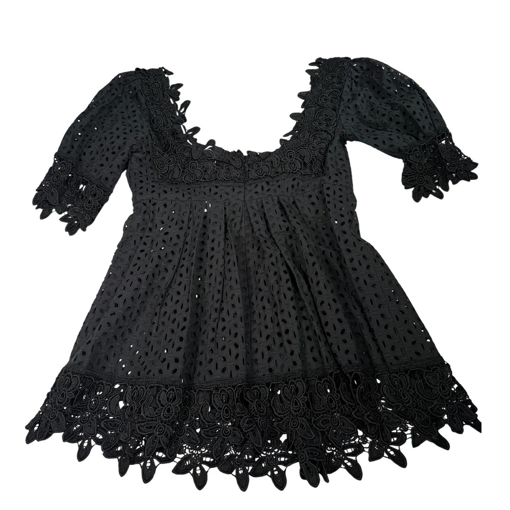 Moda International Black Eyelet Lace Cotton Babydoll Top Puff Sleeve Size 6 - Picture 3 of 8